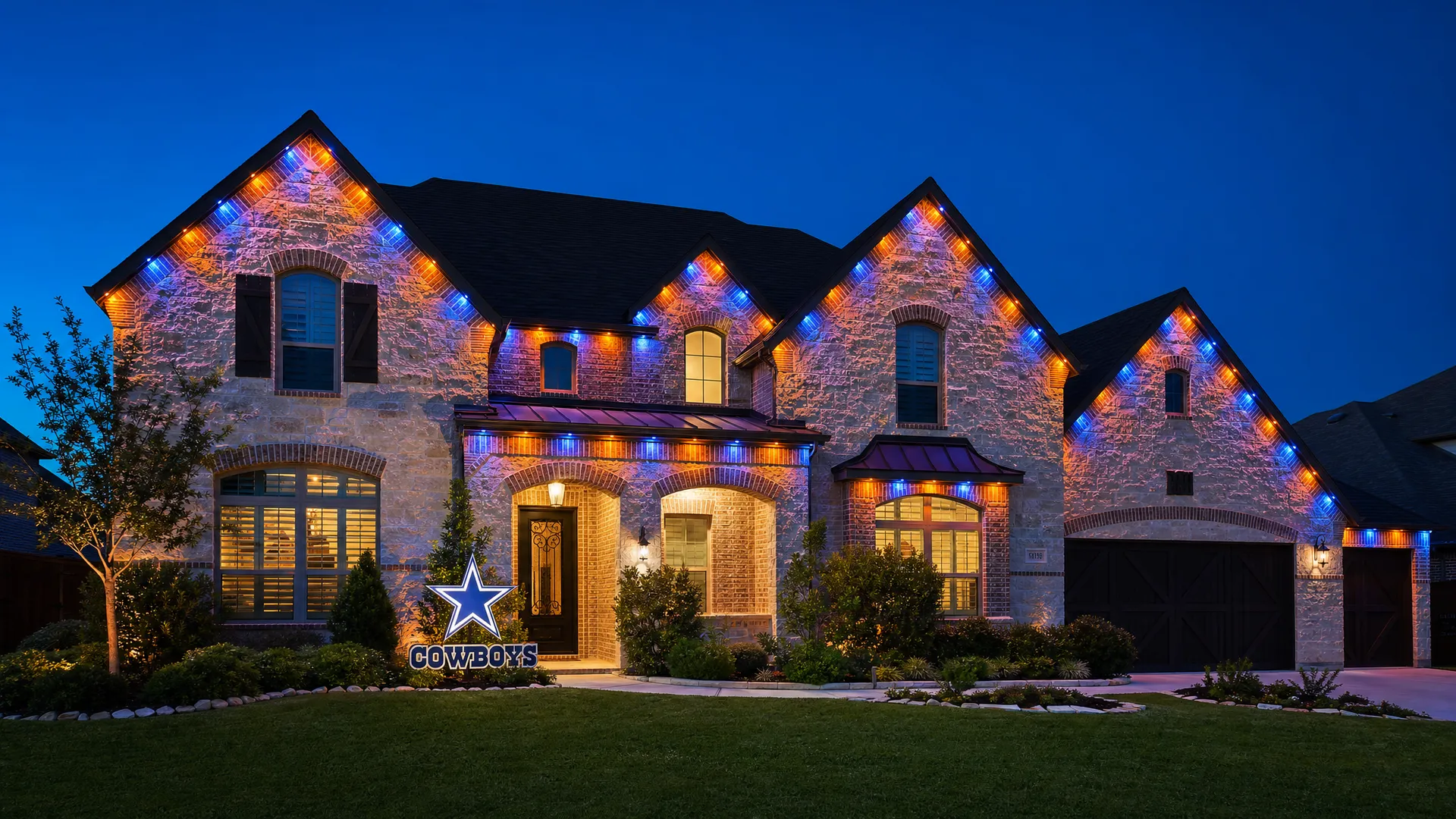 Permanent roofline pixel-LED lighting displaying team colors on a DFW home