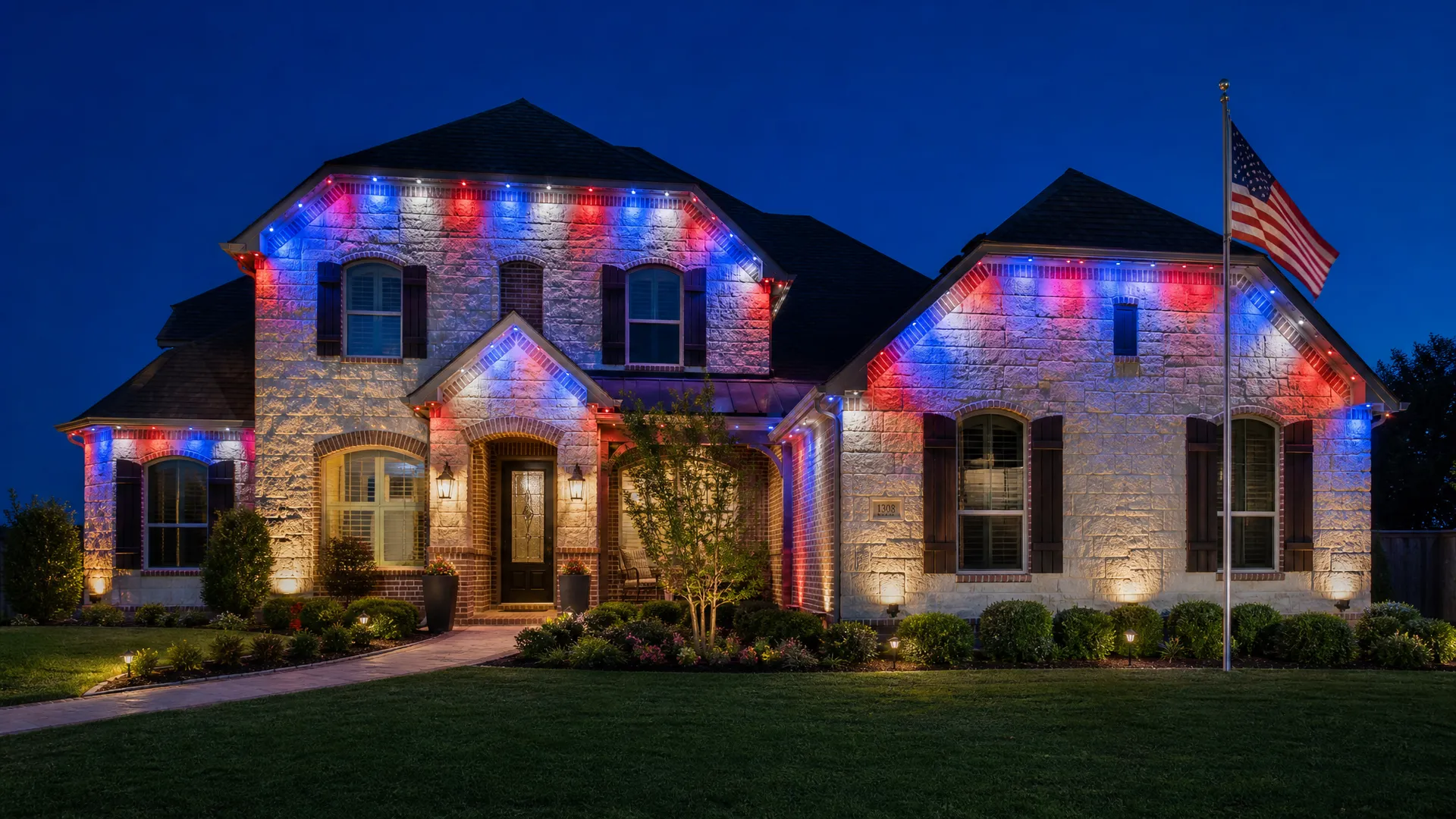 Permanent roofline pixel-LED lighting: Patriotic & events