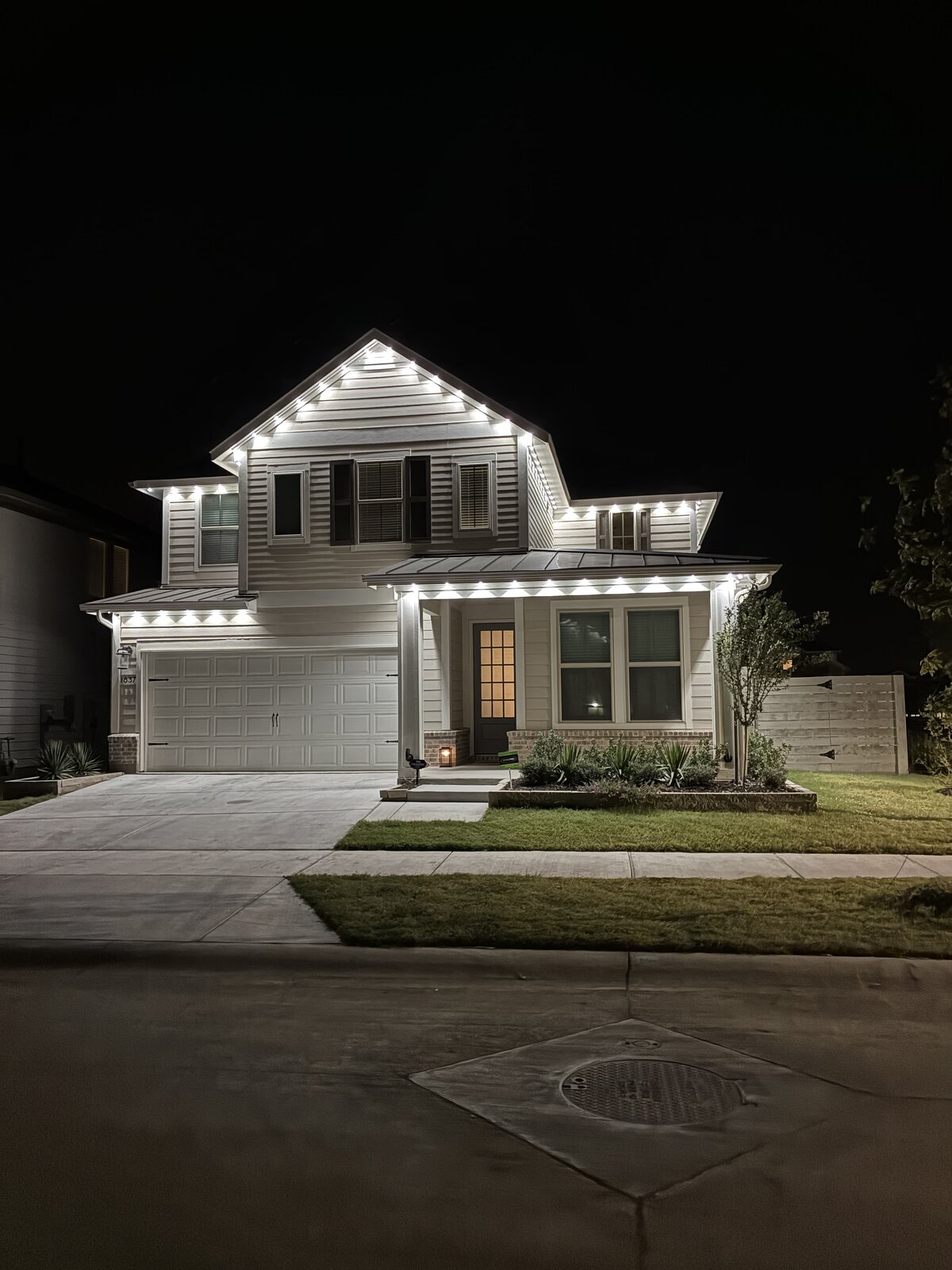 RGB color-changing permanent lighting in a patriotic red, white & blue scene
